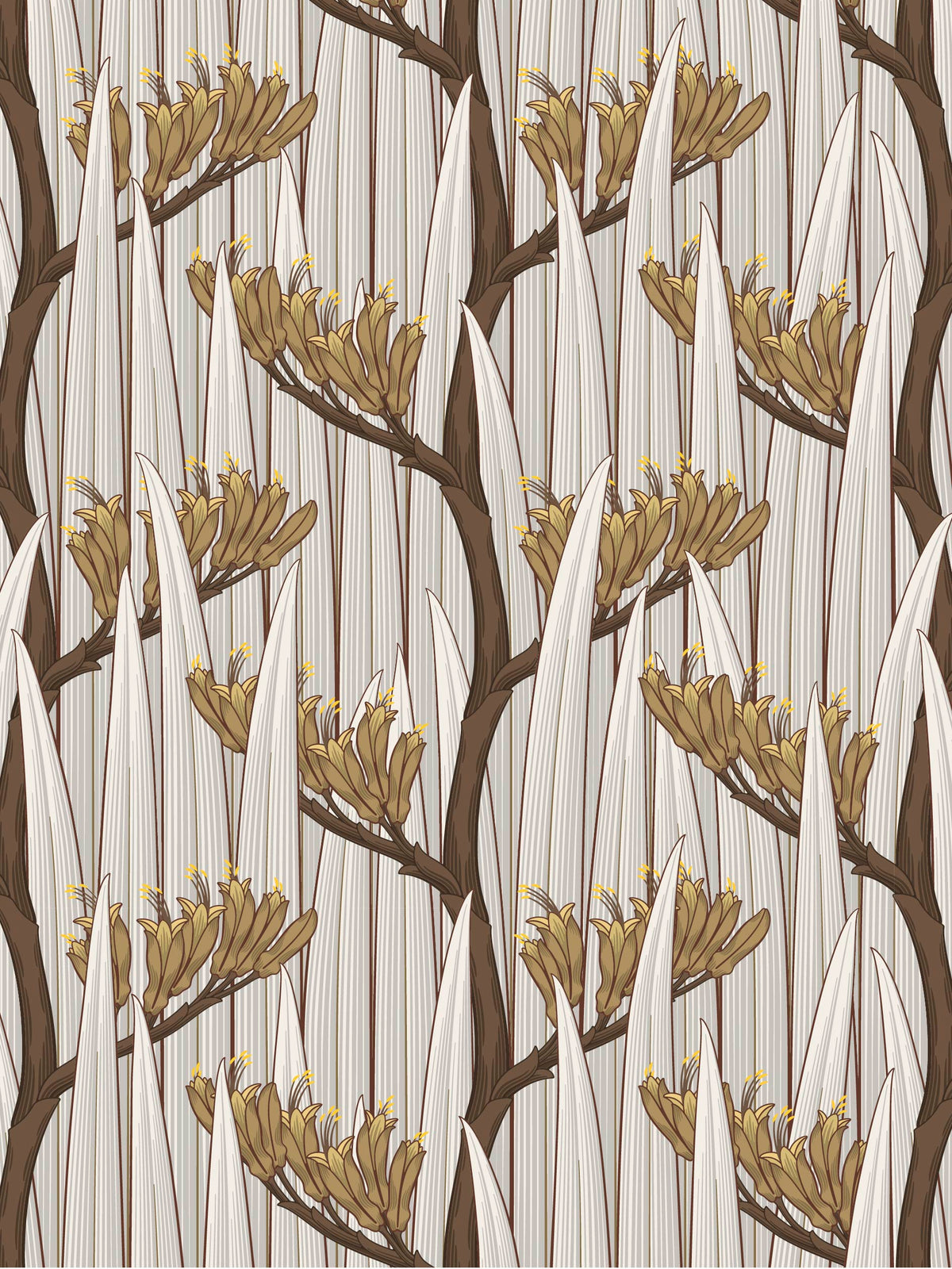 Harakeke — Linen & Ochre fabric by Tim Main, with ochre flax flowers and cream leaves in a repeating pattern.