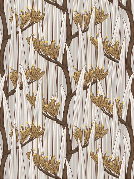 Harakeke — Linen & Ochre fabric by Tim Main, with ochre flax flowers and cream leaves in a repeating pattern.