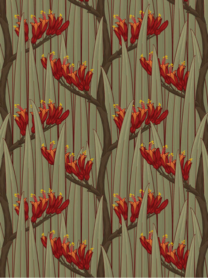 Harakeke — Soft Moss fabric by Tim Main, with red flax flowers and long muted green leaves in a repeating pattern.