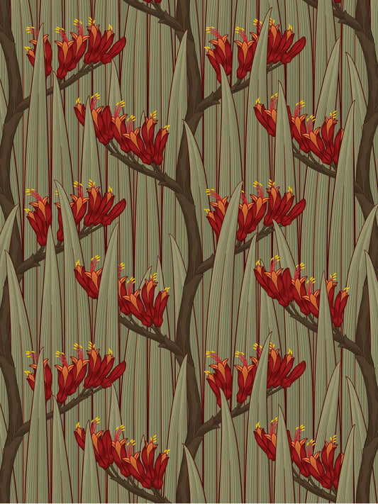 Harakeke — Soft Moss fabric by Tim Main, with red flax flowers and long muted green leaves in a repeating pattern.