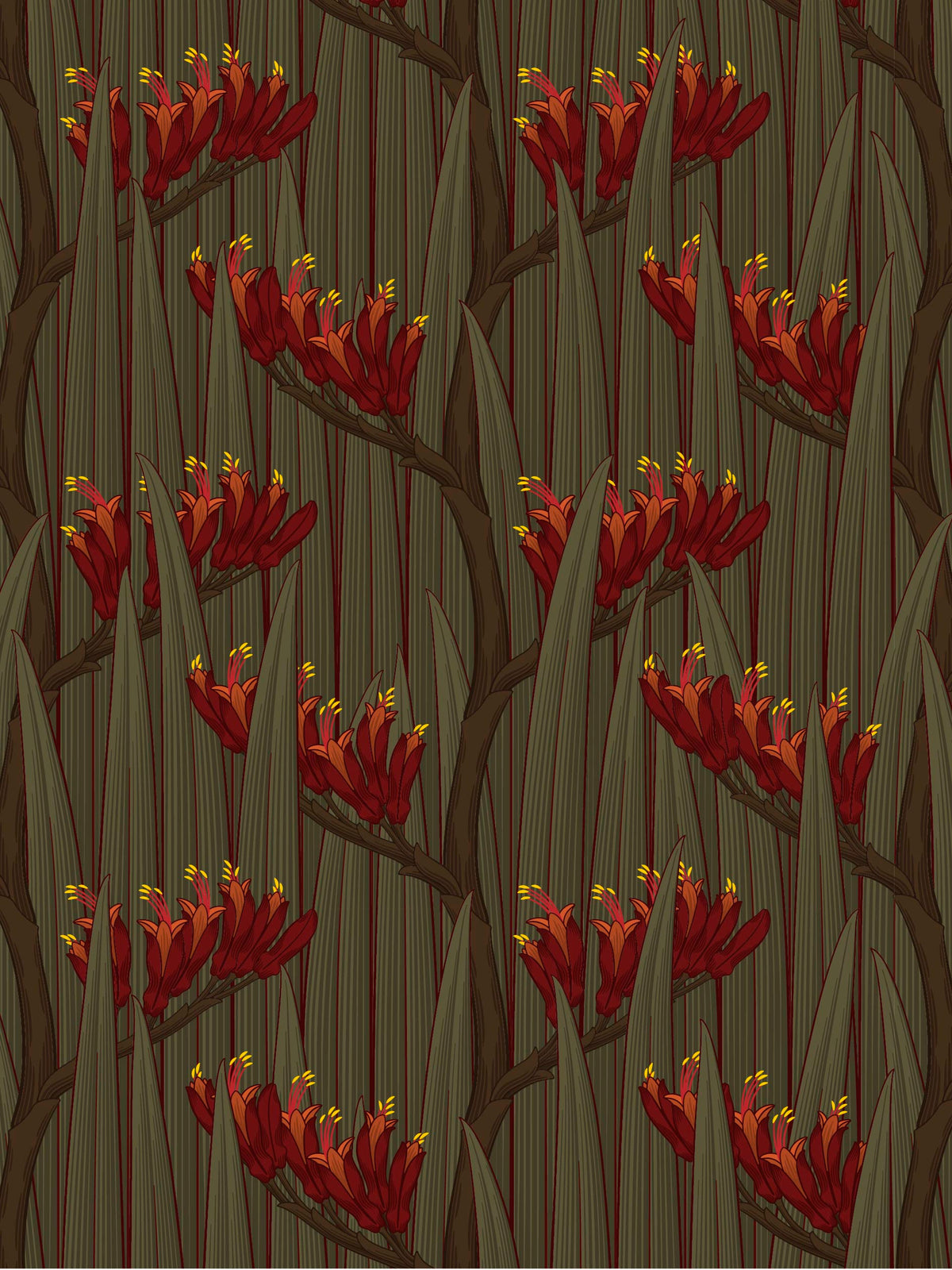 Harakeke — Deep Moss fabric by Tim Main, with red flax flowers and long dark green leaves in a repeating pattern.