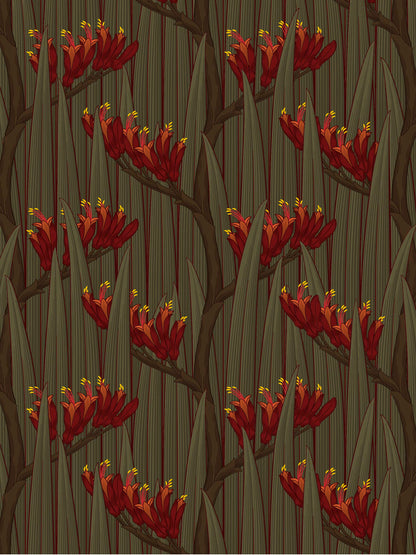 Harakeke — Deep Moss fabric by Tim Main, with red flax flowers and long dark green leaves in a repeating pattern.