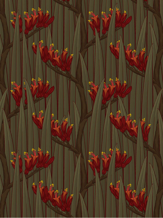 Harakeke — Deep Moss fabric by Tim Main, with red flax flowers and long dark green leaves in a repeating pattern.